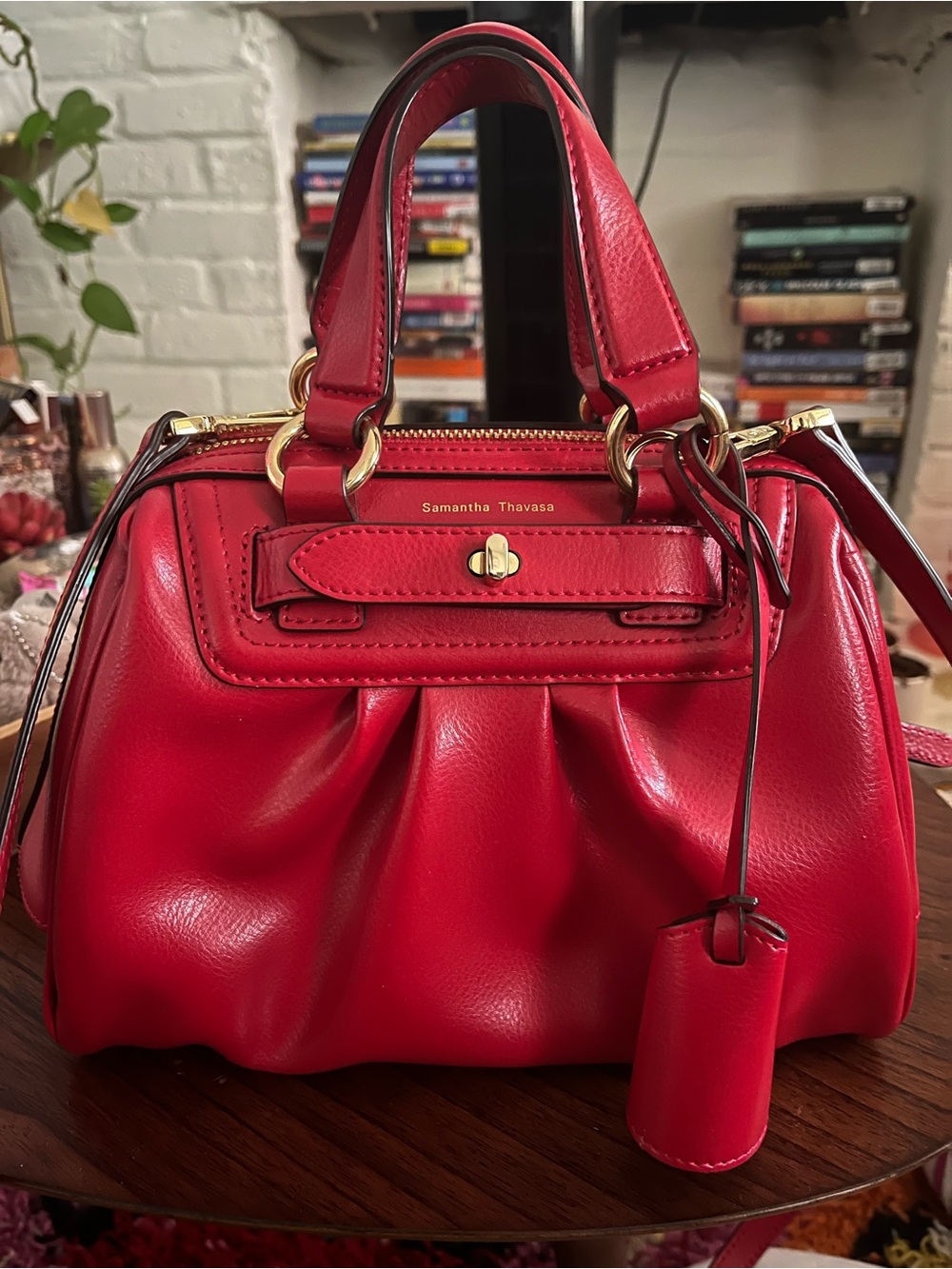 Samantha Thavasa Red Leather Mini Satchel with Gold Hardware